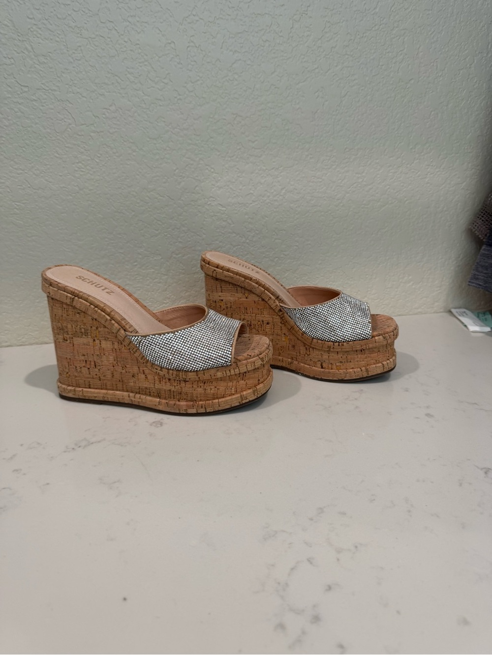 SCHUTZ Silver Cork Platform Wedge Slides